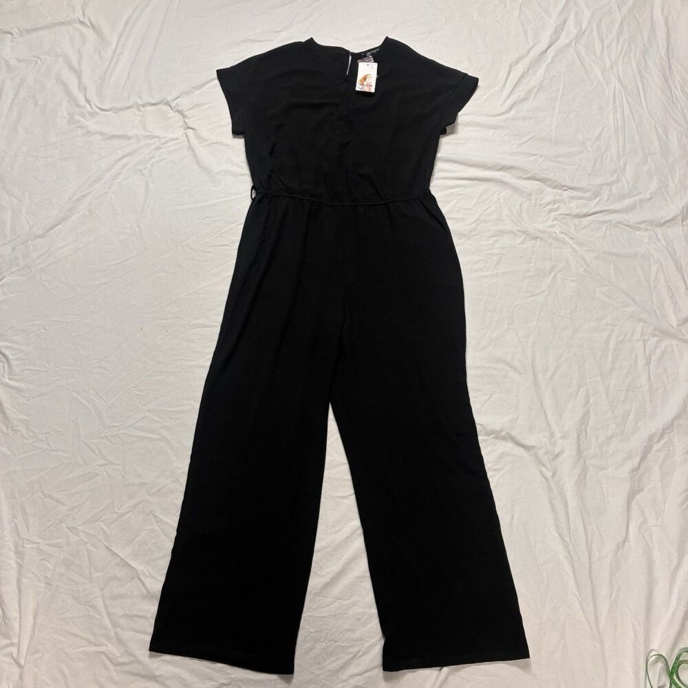 Pretty Garden Wrap V Neck Romper Women’s XL Black Short Sleeve Wide Leg Jumpsuit